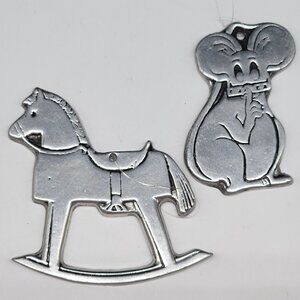Vintage Pewter Christmas Ornament Rocking Horse and Mouse 1970s by Wilton